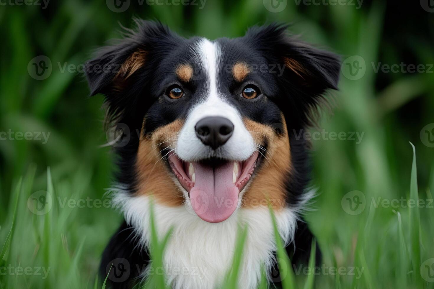 Happy australian shepherd smiling and panting in green grass photo