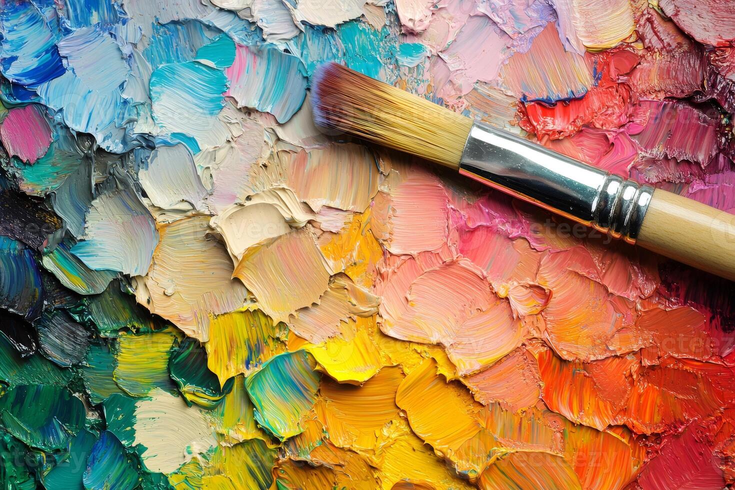 Paintbrush resting on colorful palette with thick oil paint strokes photo