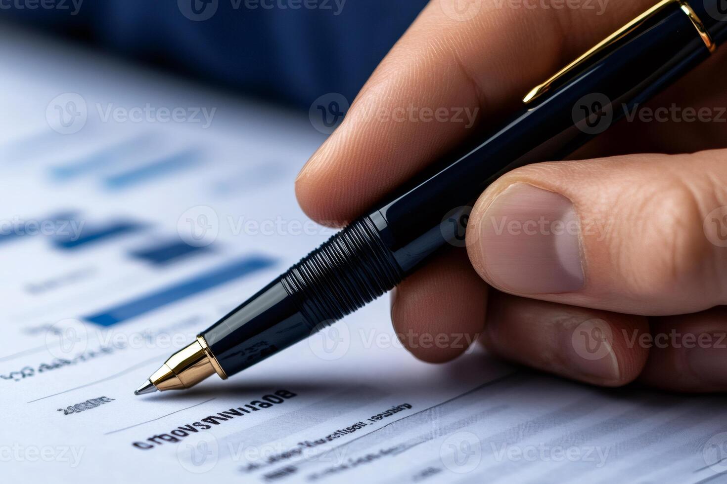 Businessman analyzing financial data with pen and chart, evaluating investment strategy photo