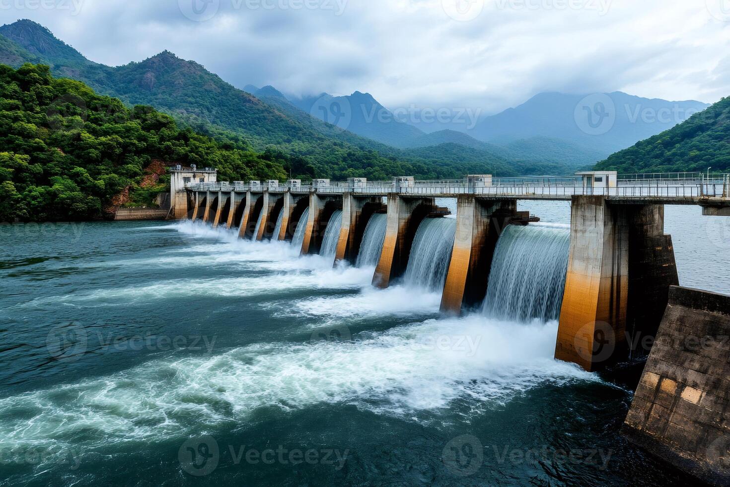 Water dam releasing water into river surrounded by lush green mountains photo