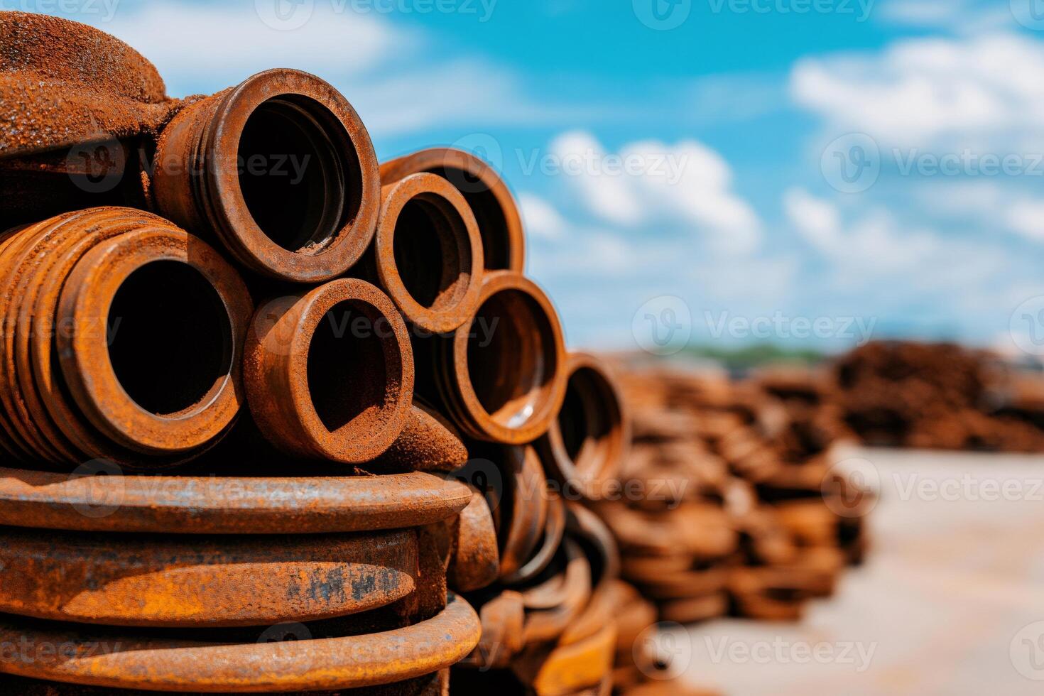 Rusty metal pipes piling up in scrap yard under blue sky photo