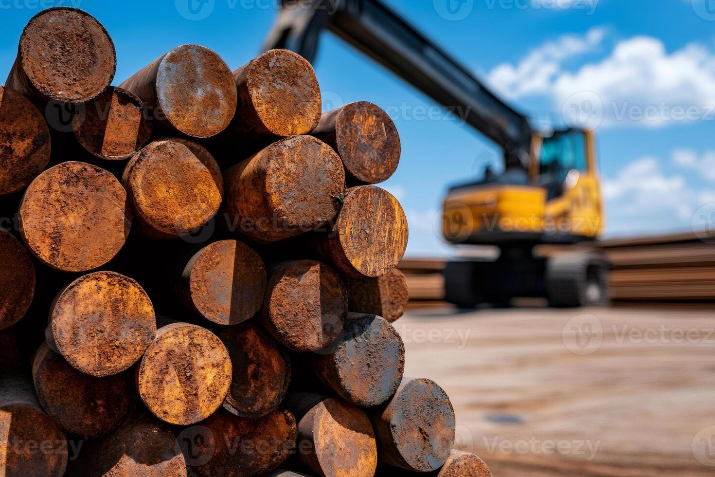 Stack of rusty round metal bars with excavator working in background photo