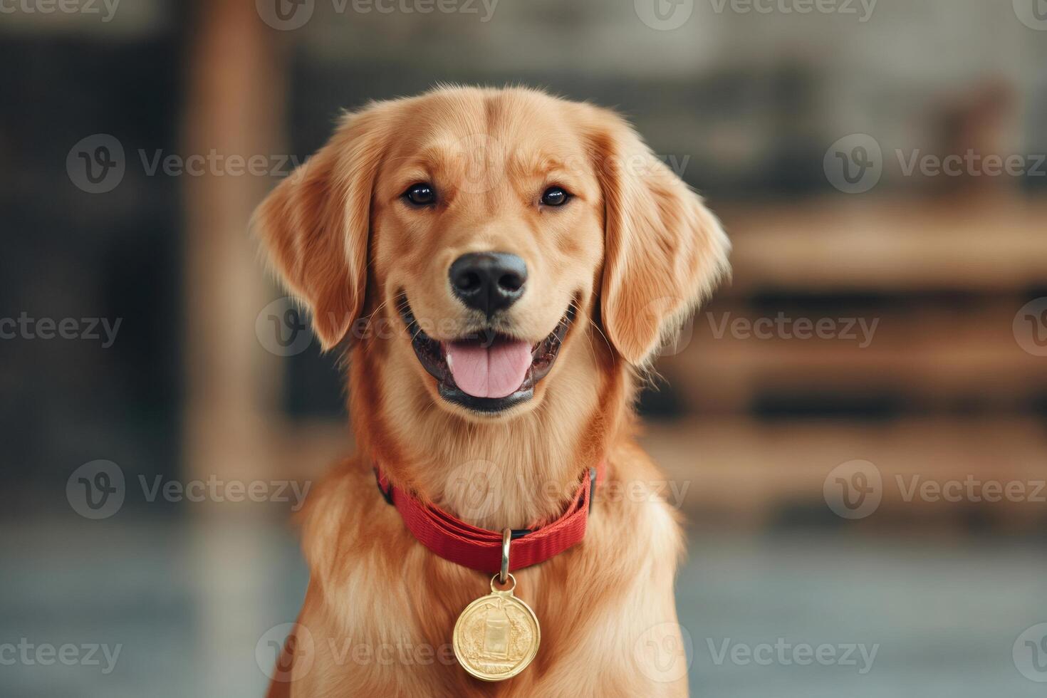 Golden retriever wearing a red collar and a gold medal smiling at home photo