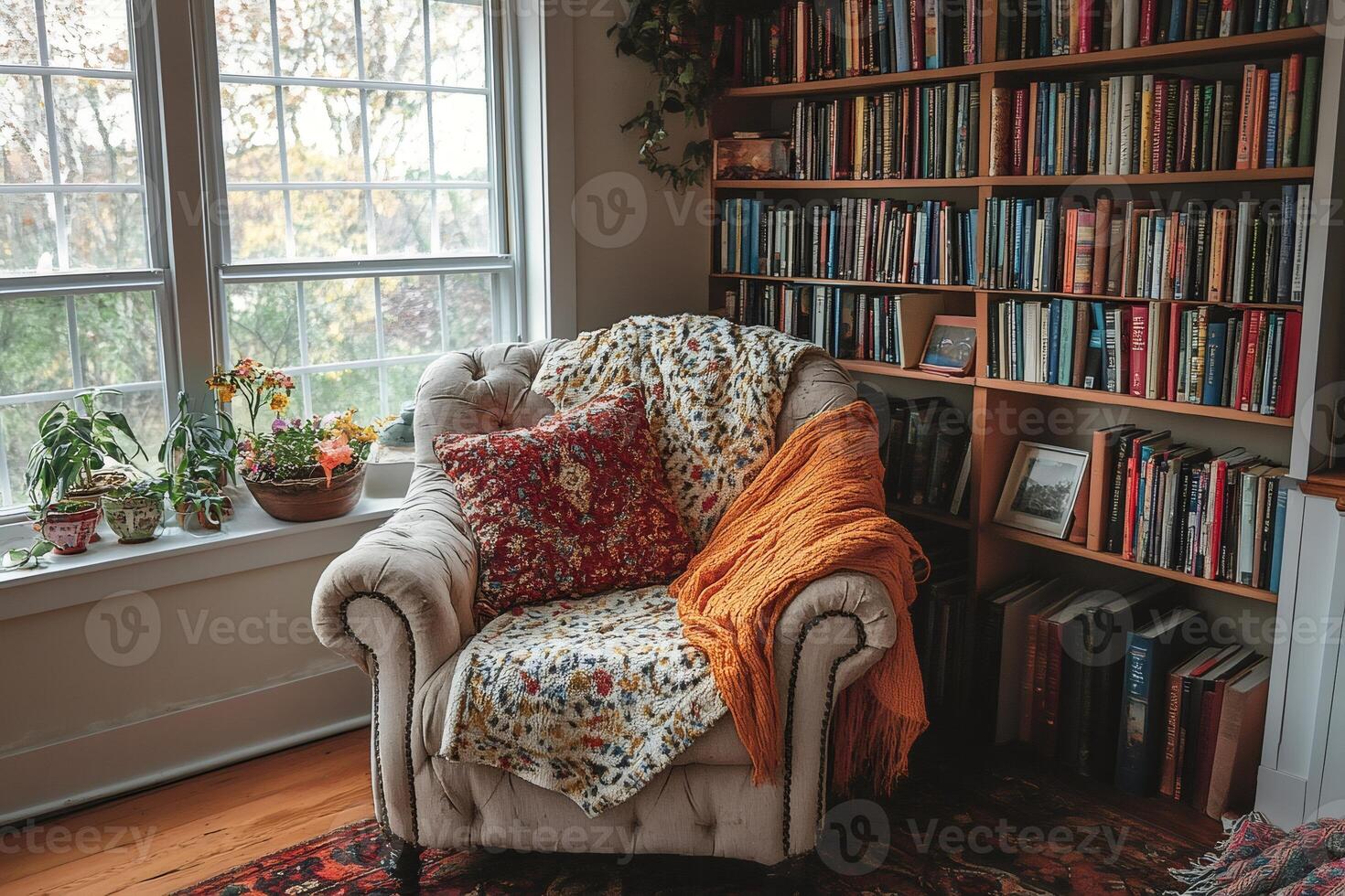 Cozy reading nook inviting relaxation by the window with books and plants photo