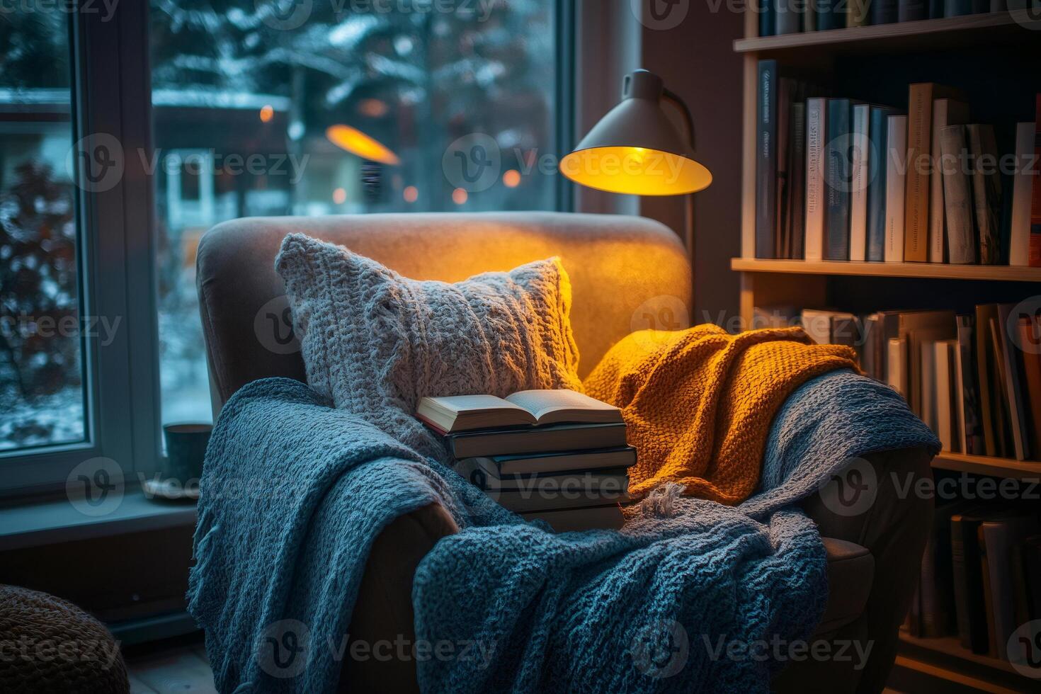 Cozy reading nook by window during winter with lamp illuminating books photo