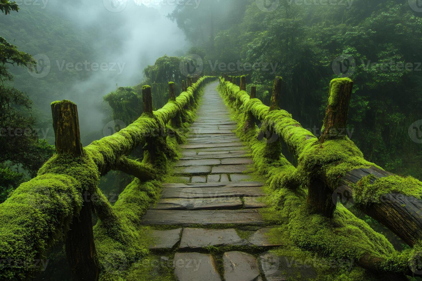Lush moss covered bridge in misty forest photo