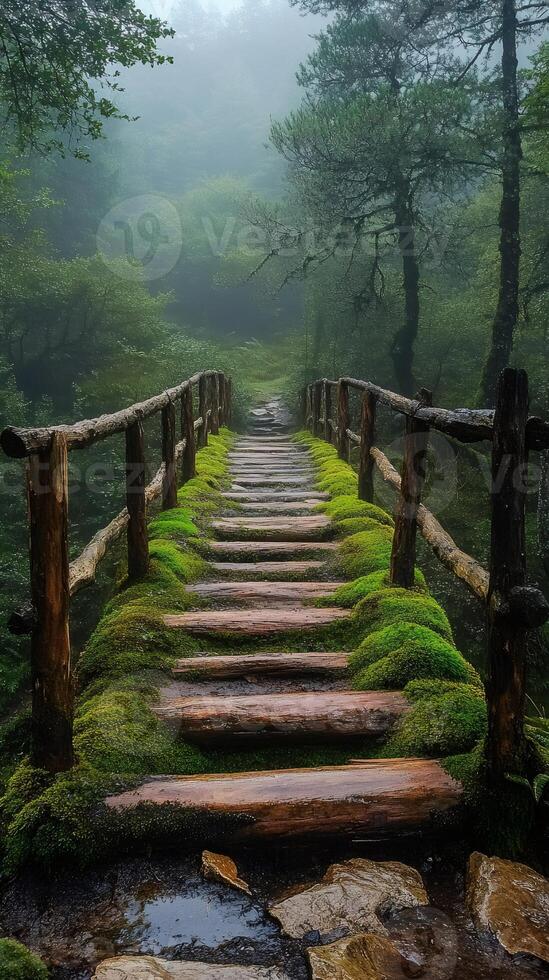 Wooden bridge with moss leading into foggy forest in autumn photo