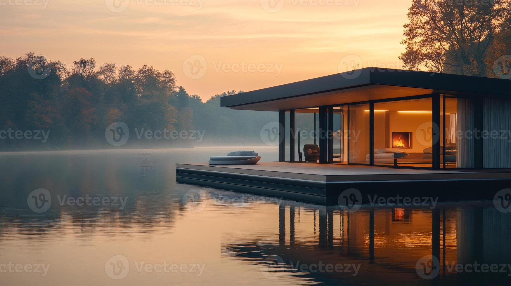 Modern floating house reflecting on calm lake at sunset with forest in background photo