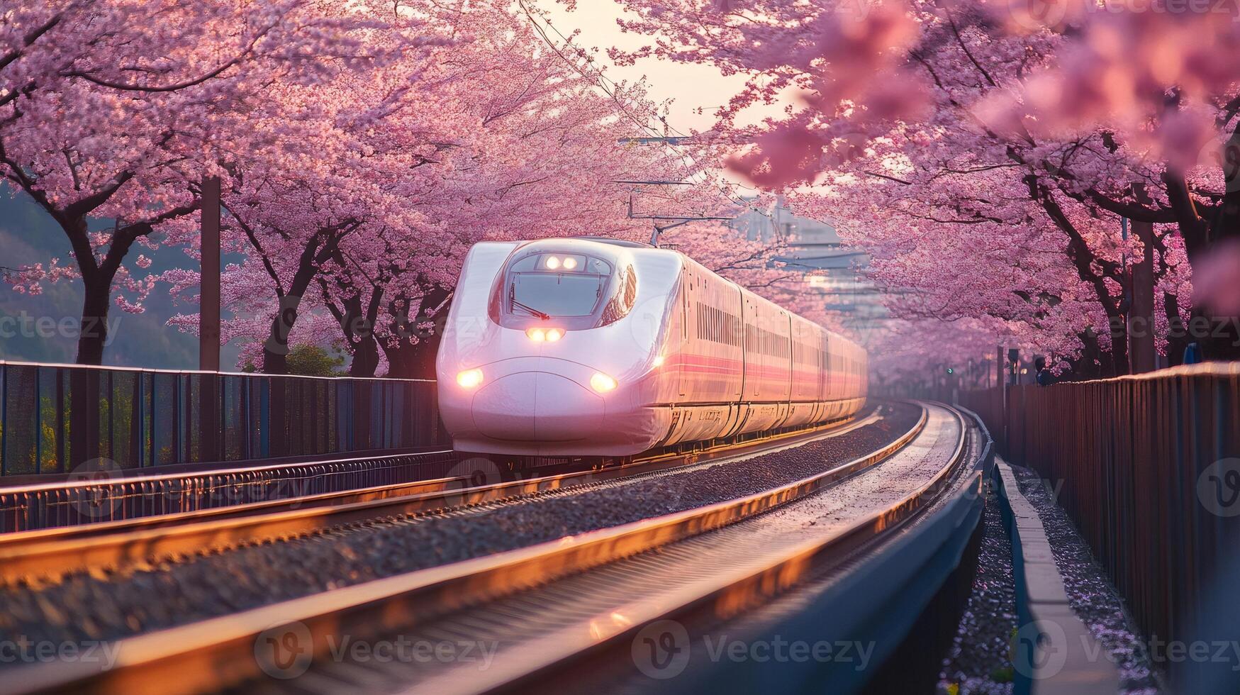 High speed train passing through cherry blossoms in japan photo