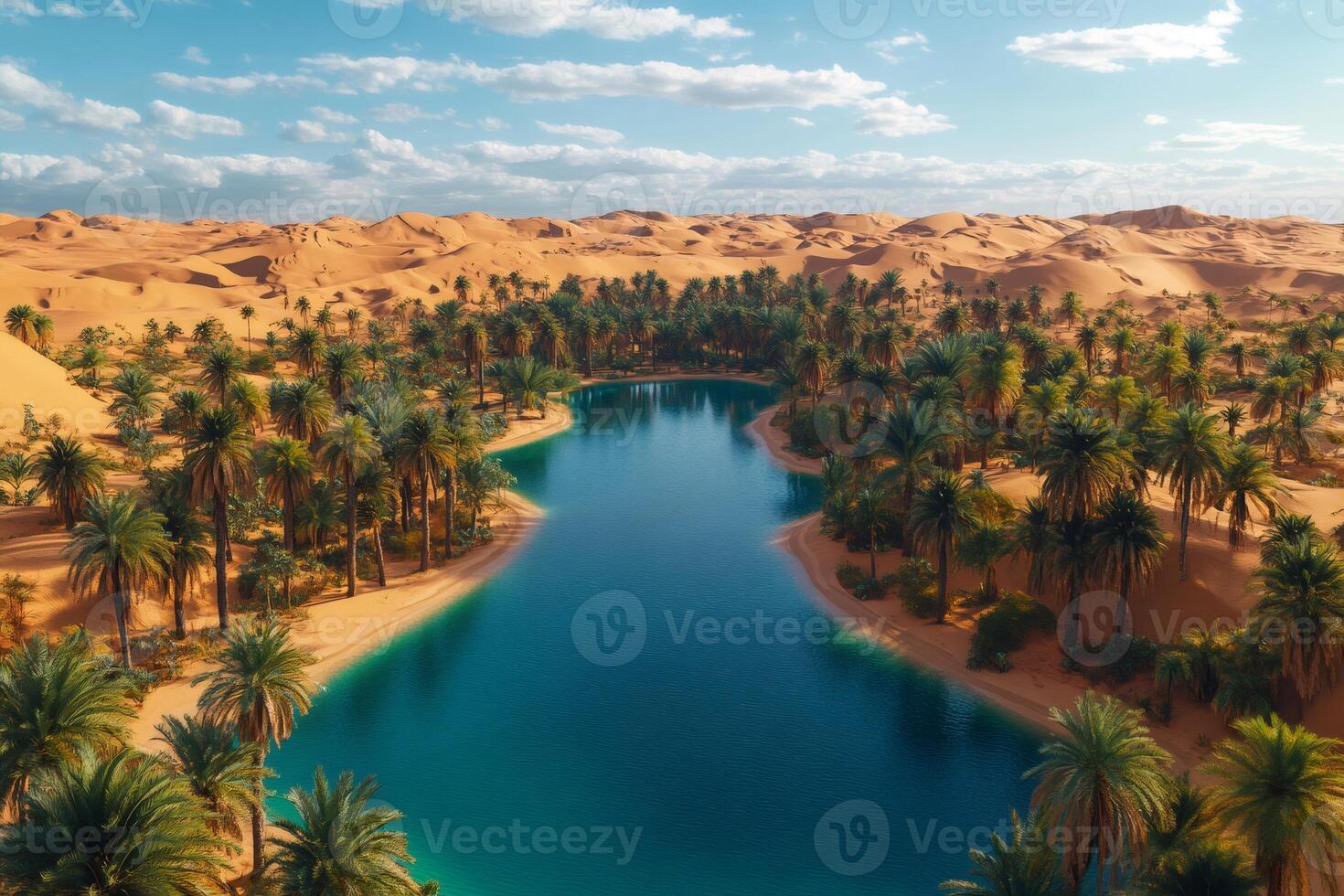 Oasis surrounded by palm trees in desert landscape with turquoise lake photo