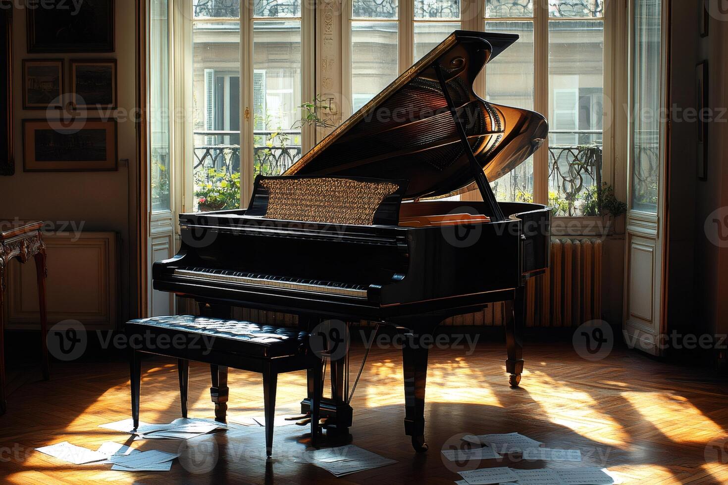 Grand piano illuminating by sunlight in parisian apartment photo
