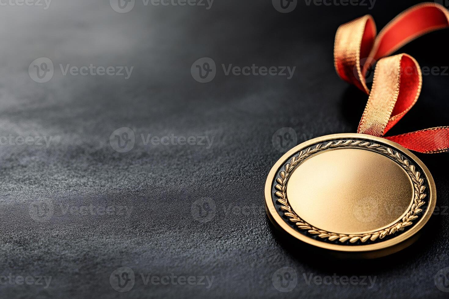 Gold medal award with red ribbon on black background celebrating success photo