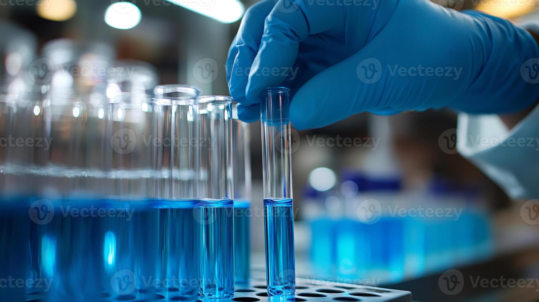 Scientist picking up test tube with blue liquid in laboratory . photo