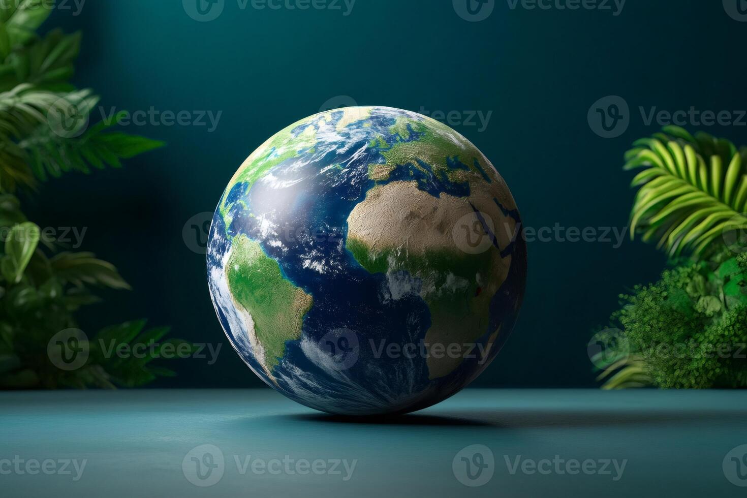 Planet earth rotating near tropical plants symbolizing environmental conservation photo