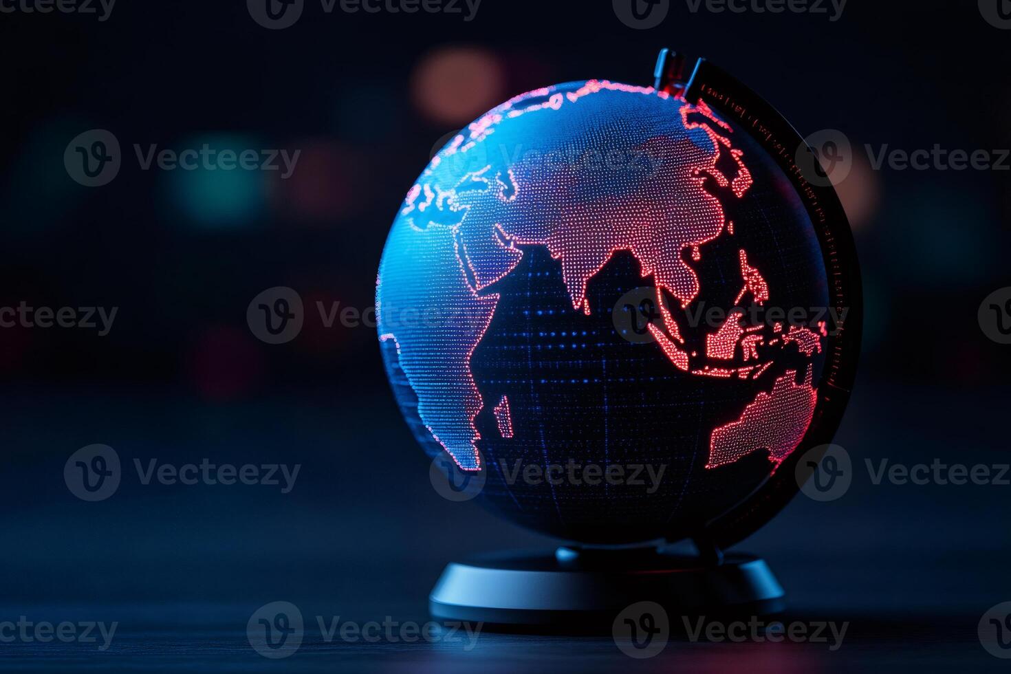 Illuminated globe showing asia highlighting global connections and data visualization photo