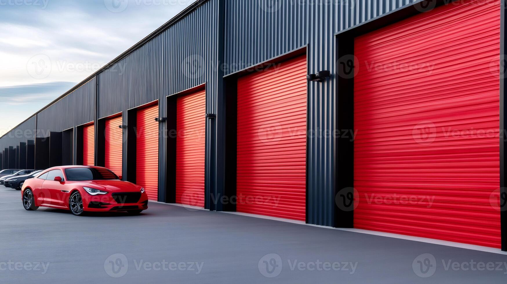 Red coupe parked in front of storage units with red roll up doors photo