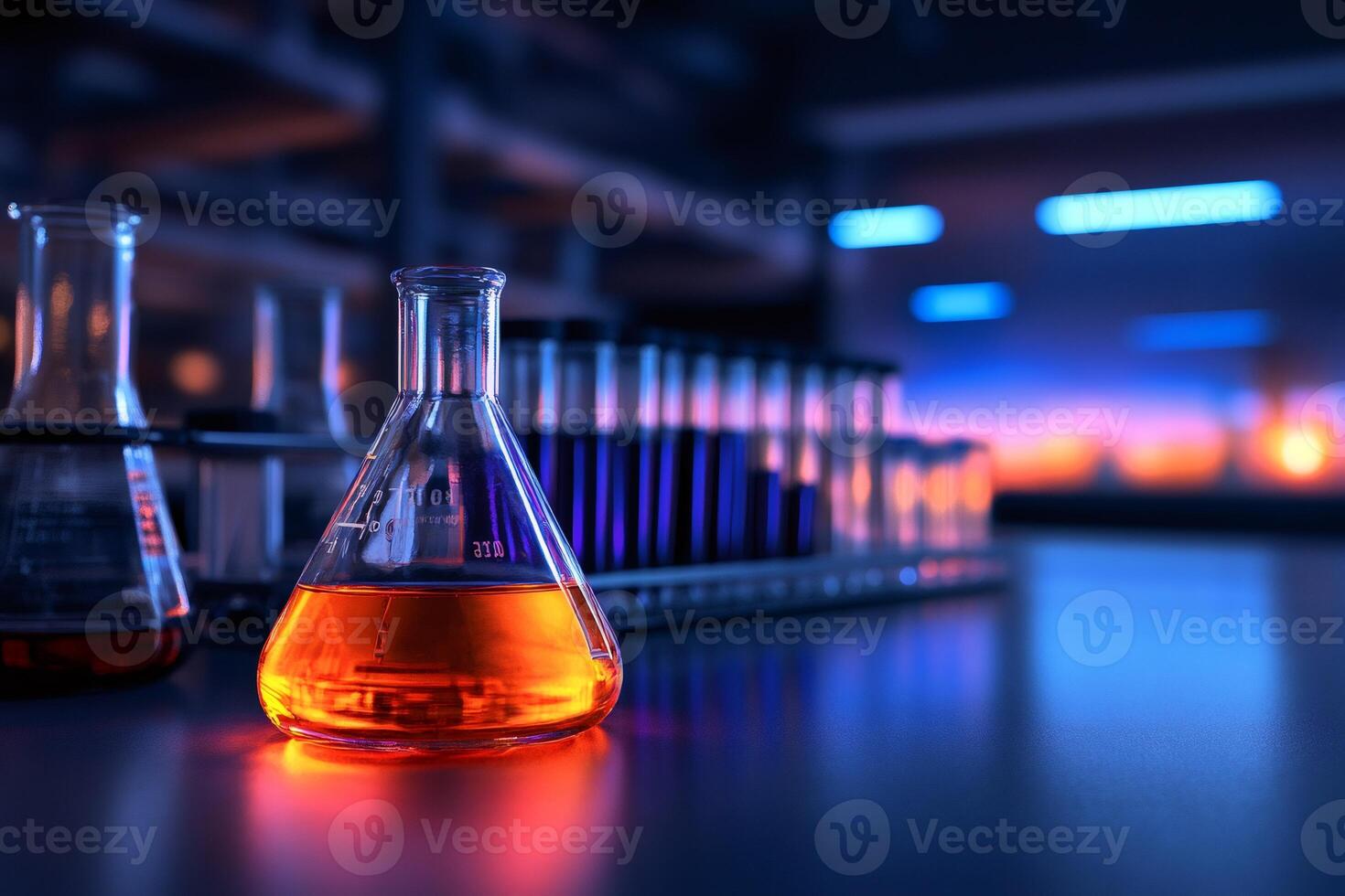 Erlenmeyer flask containing orange chemical liquid in laboratory at sunset photo