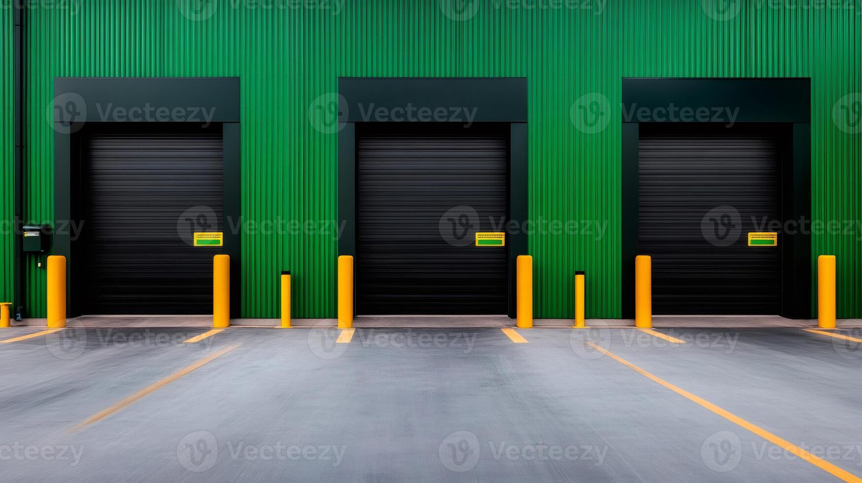 Three loading docks of green warehouse building with closed shutters photo