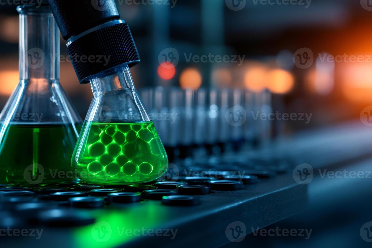 Automated robotic arm pouring green chemical liquid into erlenmeyer flask photo