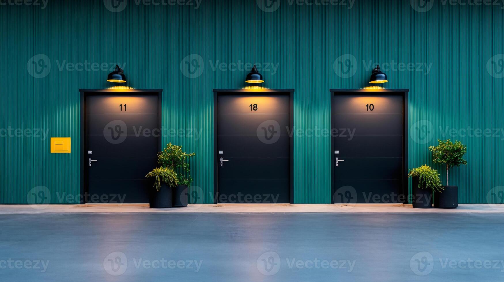 Three black doors and lamps illuminating a teal wall at night photo