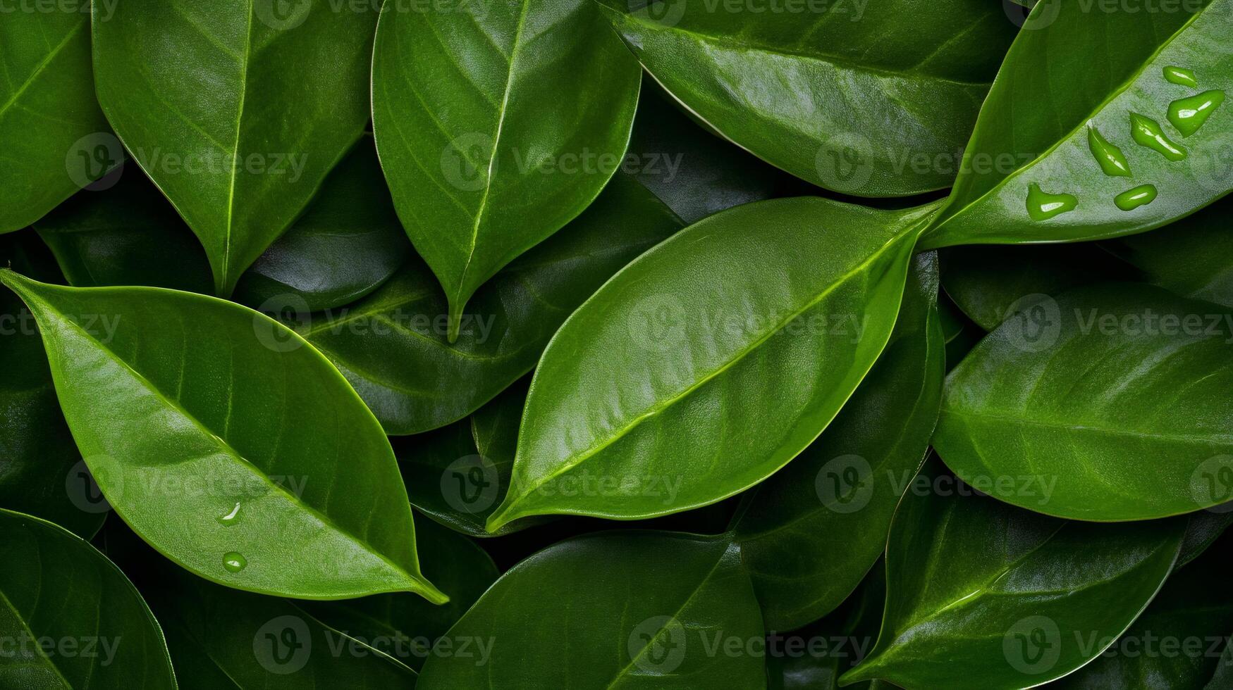 Green leaves creating natural background with water drops photo