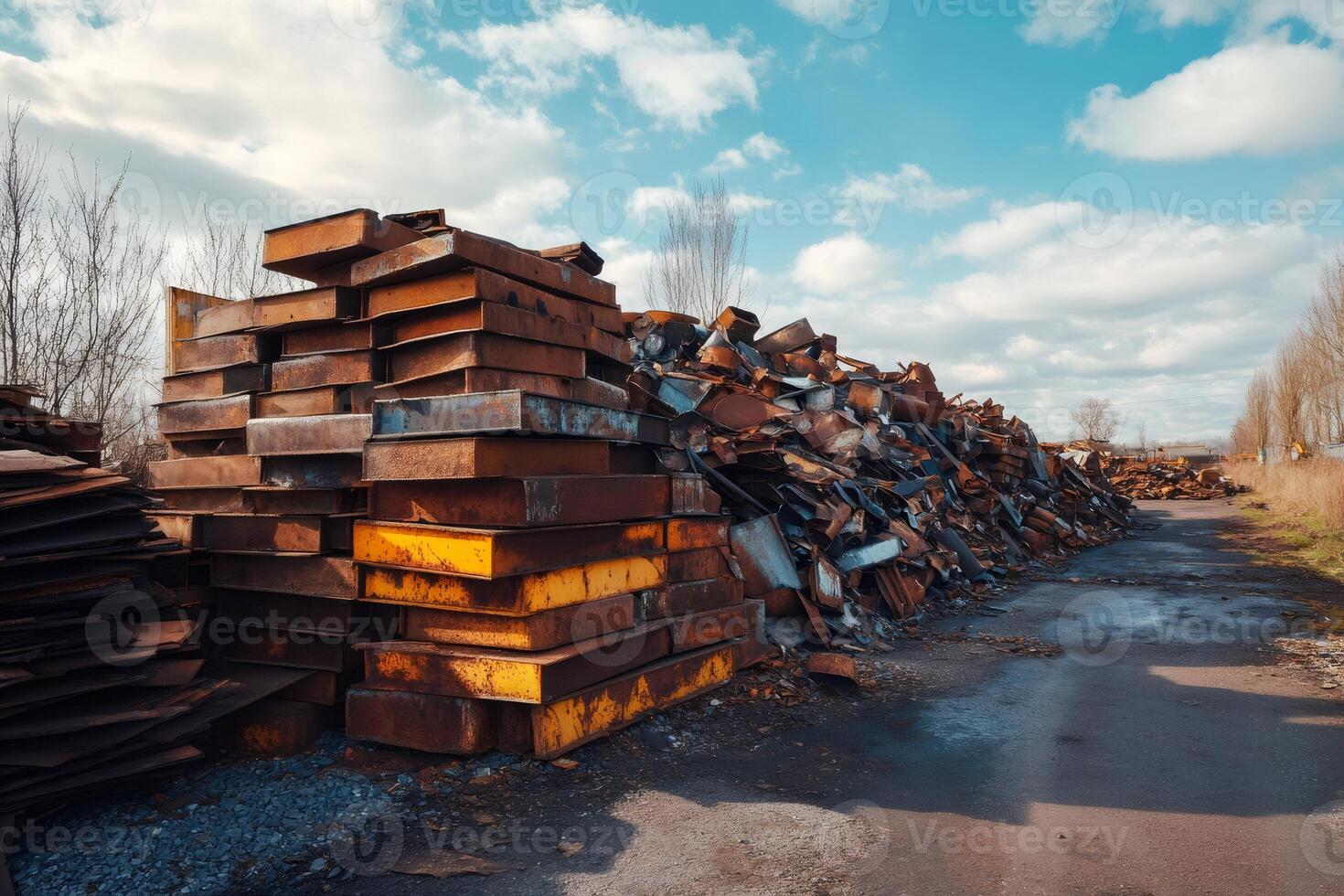 Scrap metal recycling storing rusty metal outdoor under blue sky photo