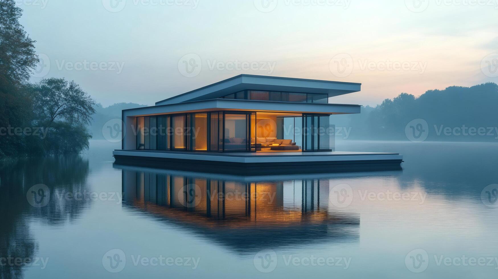 Modern floating house reflecting on calm lake at sunset.. photo