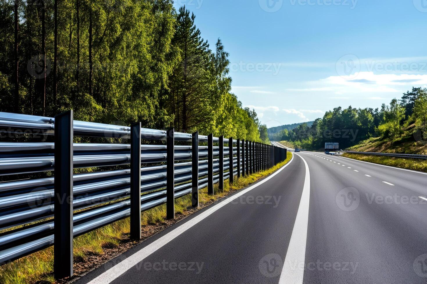 Highway with metal crash barriers and lush green forest on sunny day photo