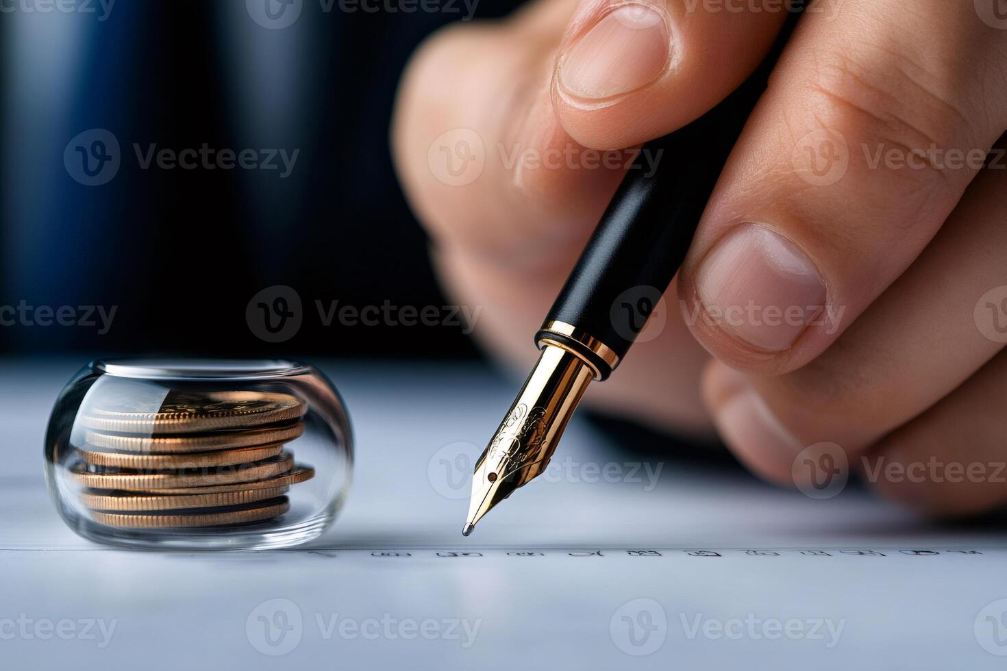 Businessman calculating investment strategy using pen and protected coins photo