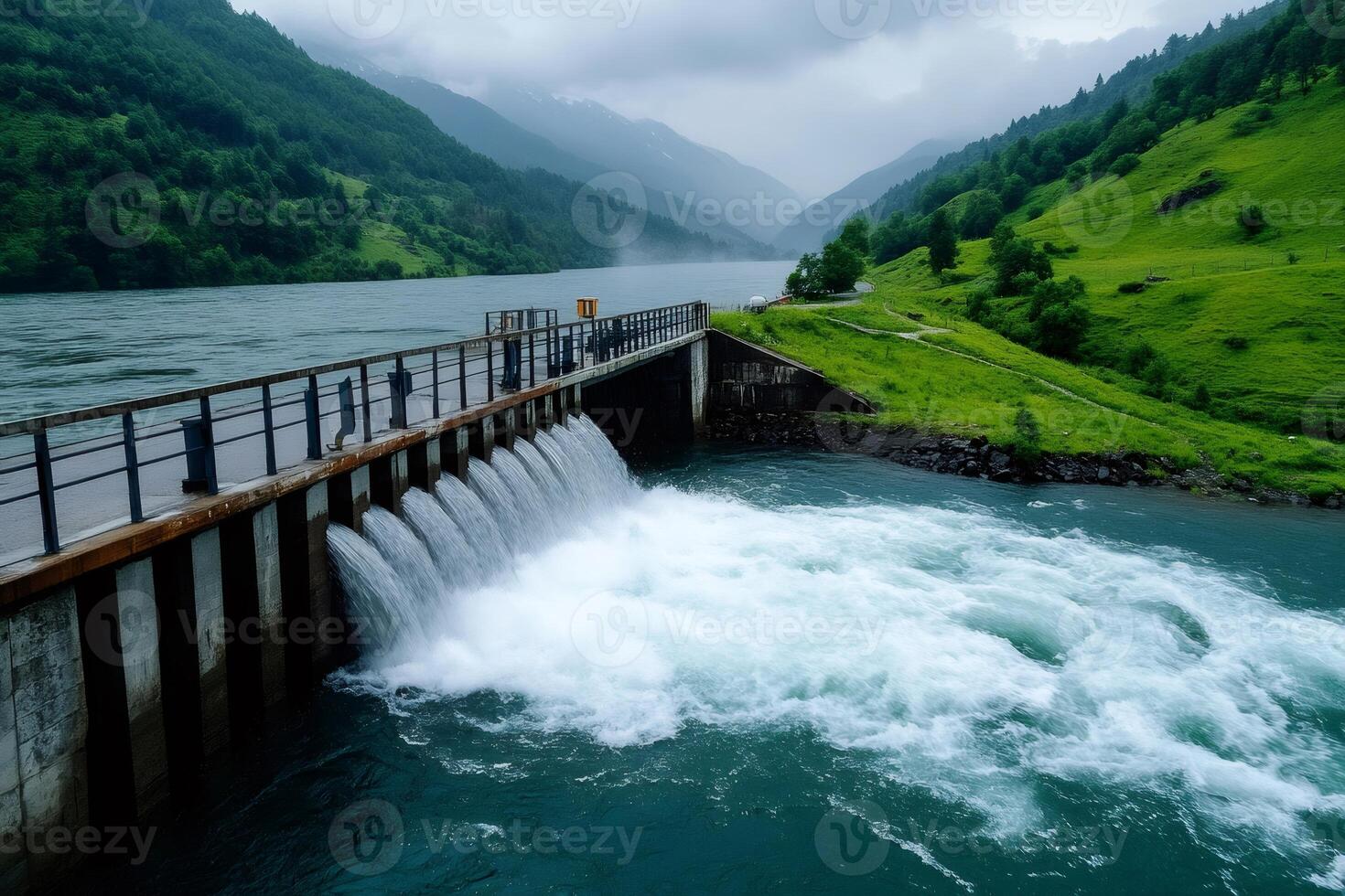 Water dam releasing water into river in mountain valley photo