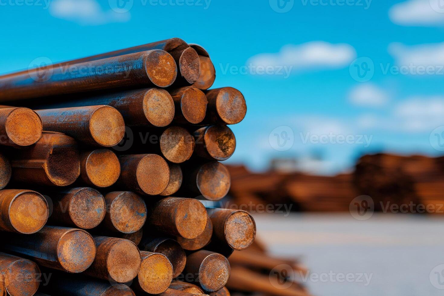Stack of corroded round metal bars under blue sky in a junkyard photo