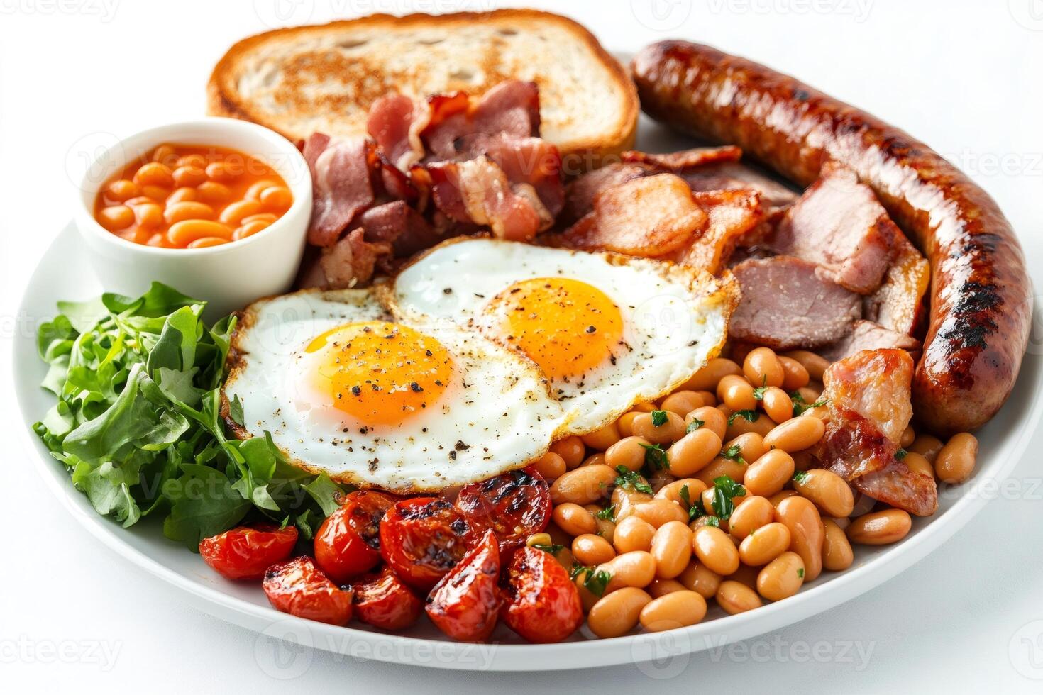 Full english breakfast with fried eggs, bacon, sausage, and beans displayed on white plate photo