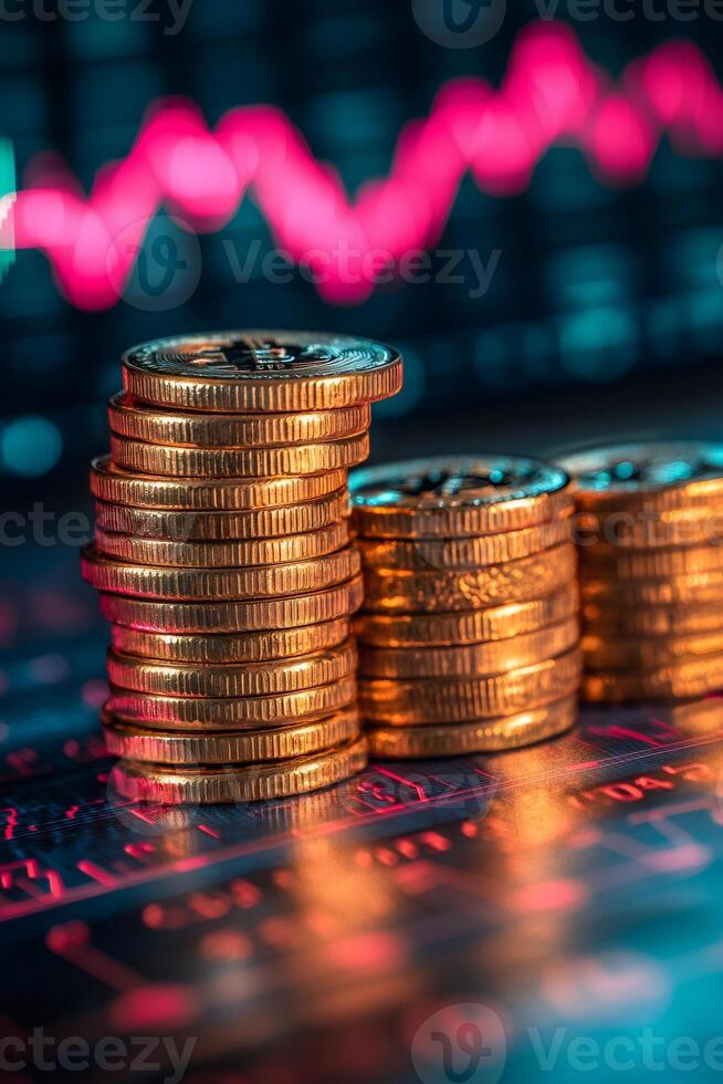Cryptocurrency coins falling with stock market graph showing decrease photo