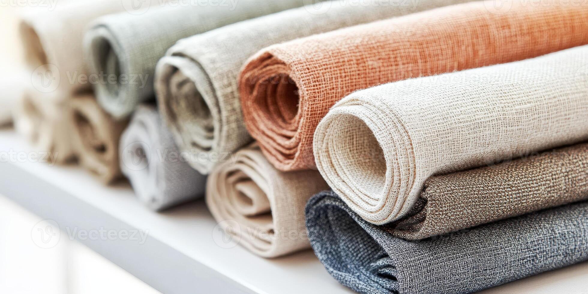 Colorful linen fabric rolls displayed on a shelf photo