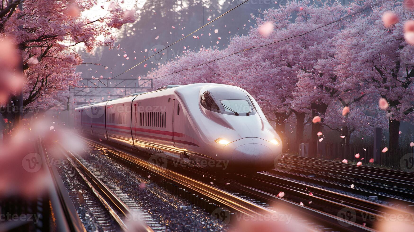 High speed train passing through cherry blossoms in japan.. photo