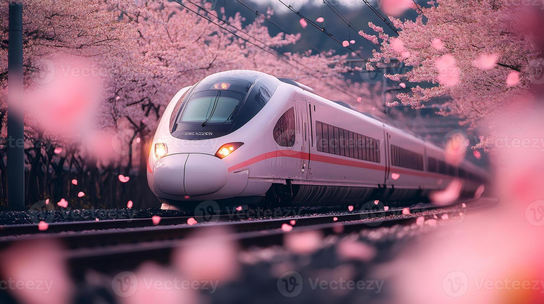 High speed train passing through cherry blossoms in spring photo