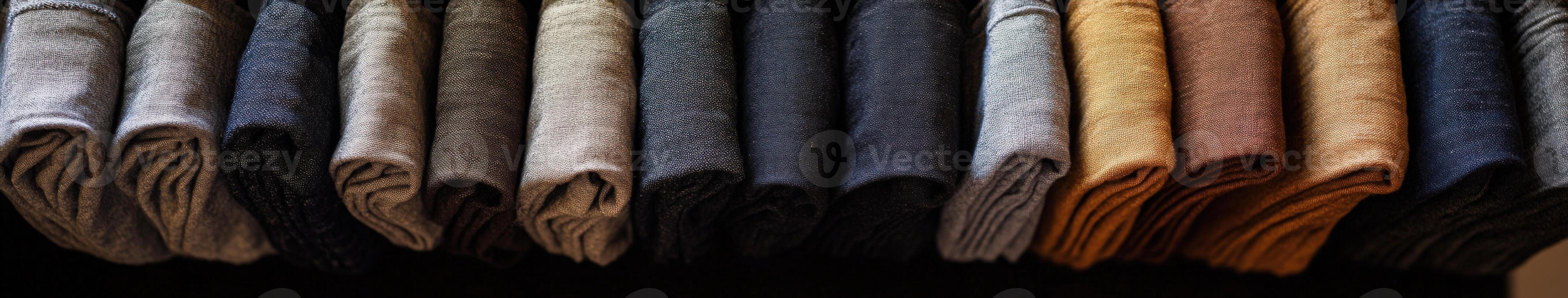 Linen fabric rolls arranged in a colorful display photo