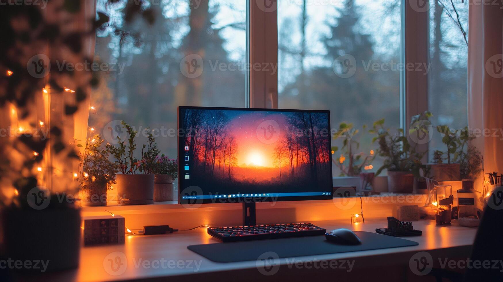 Cozy home office setup with computer, keyboard, mouse, and plants by window at sunset photo