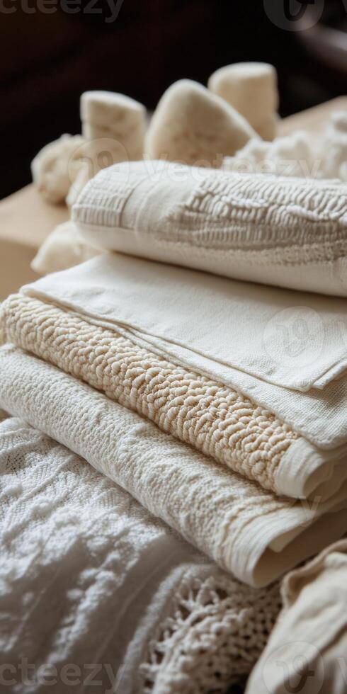 Linen fabric neatly arranged in soft natural tones photo