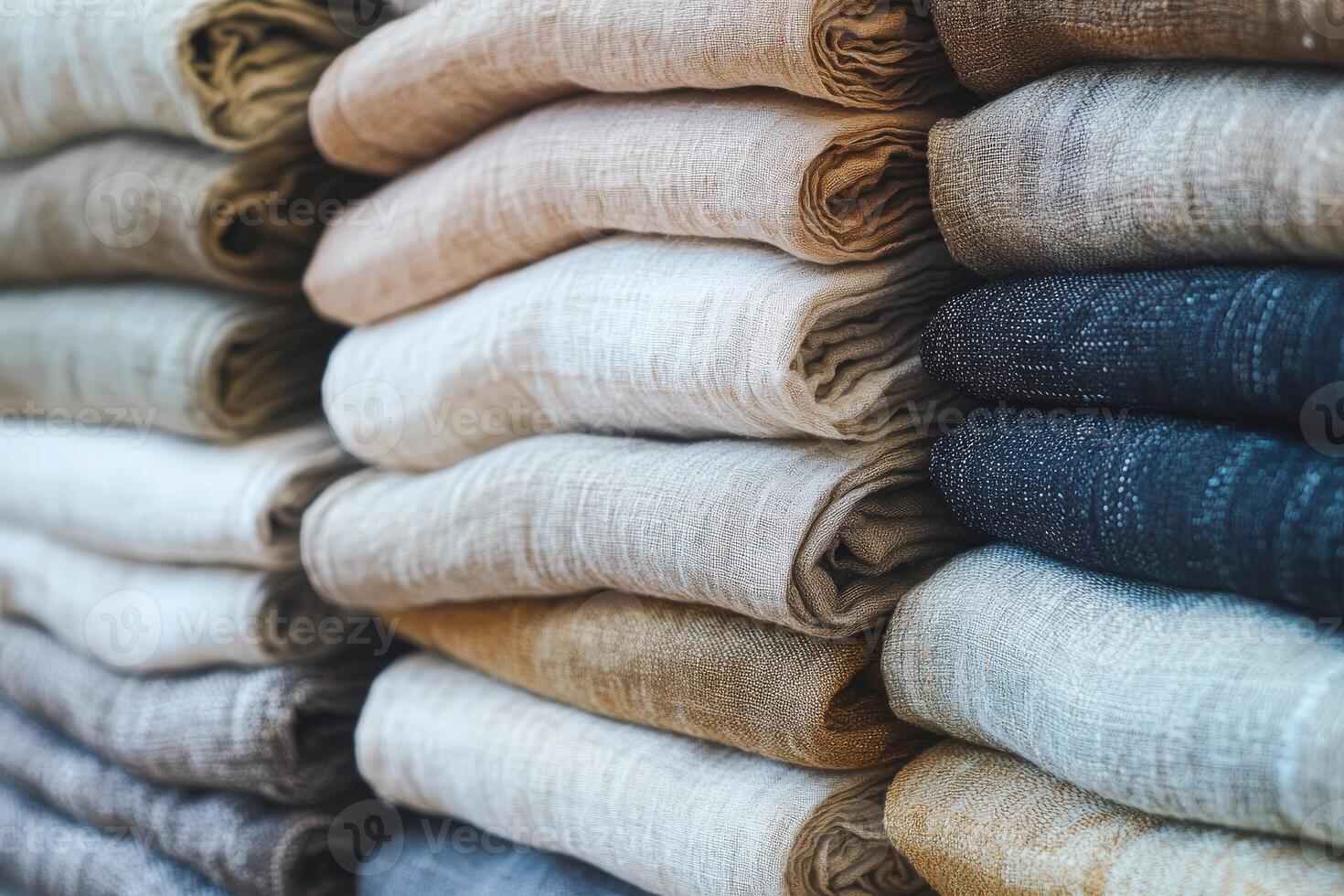 Linen fabric neatly folded in various colors and textures photo