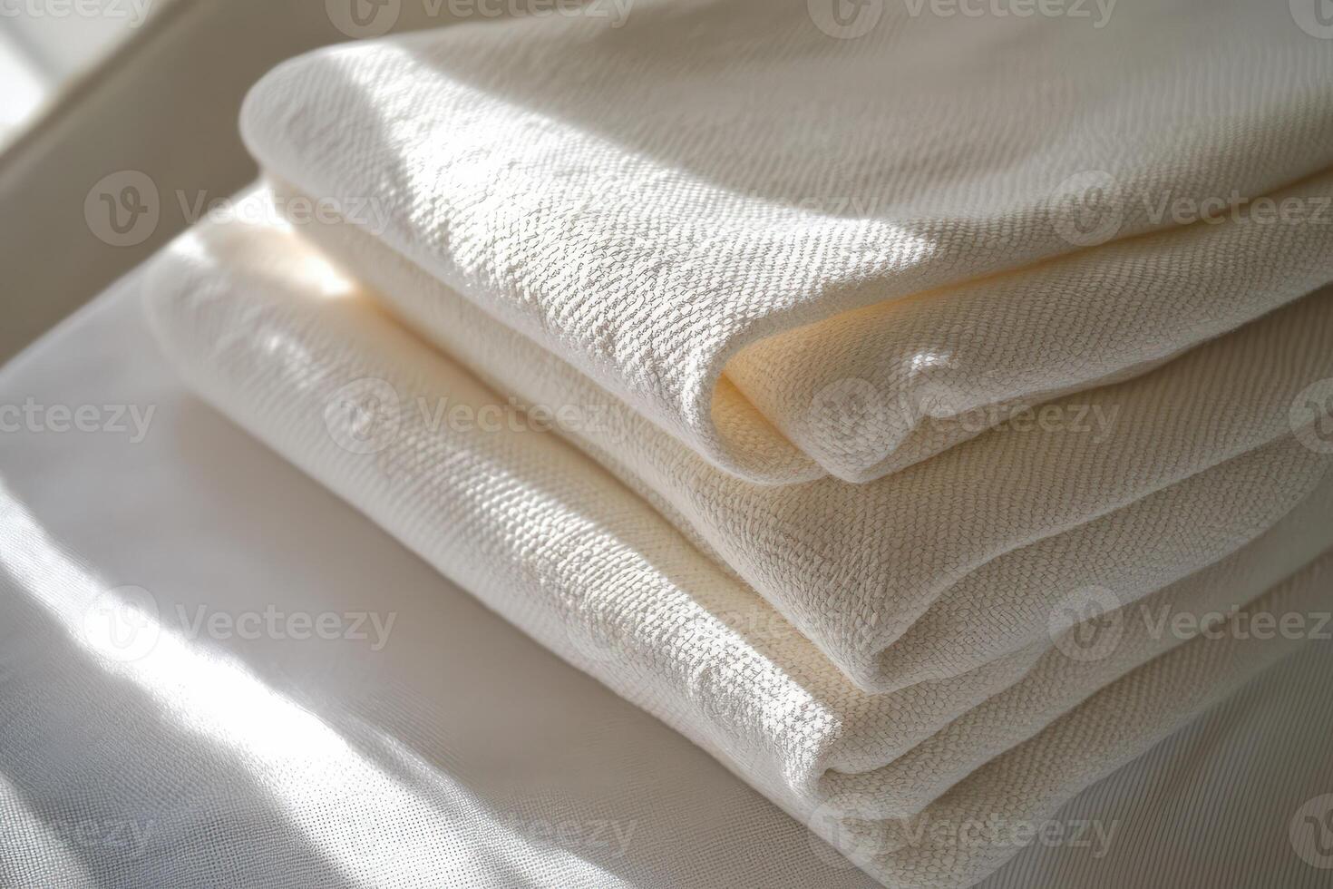 Soft white linen fabric neatly stacked indoors photo