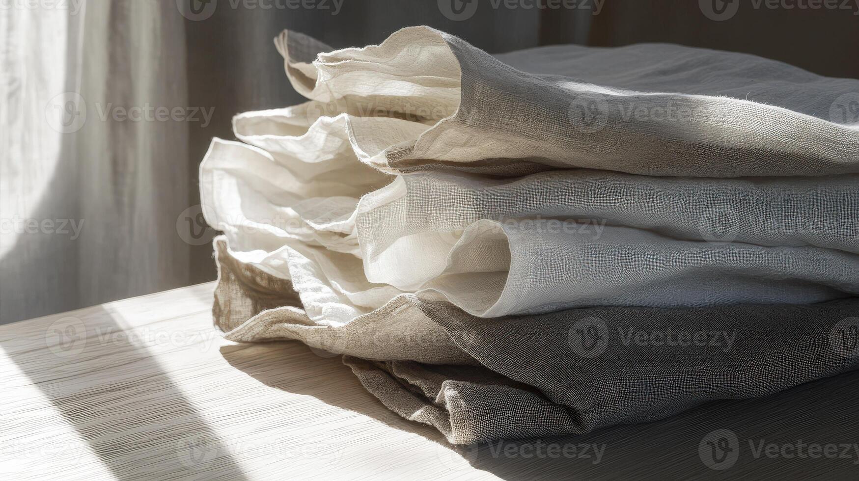 Linen fabric stacked neatly in natural light photo