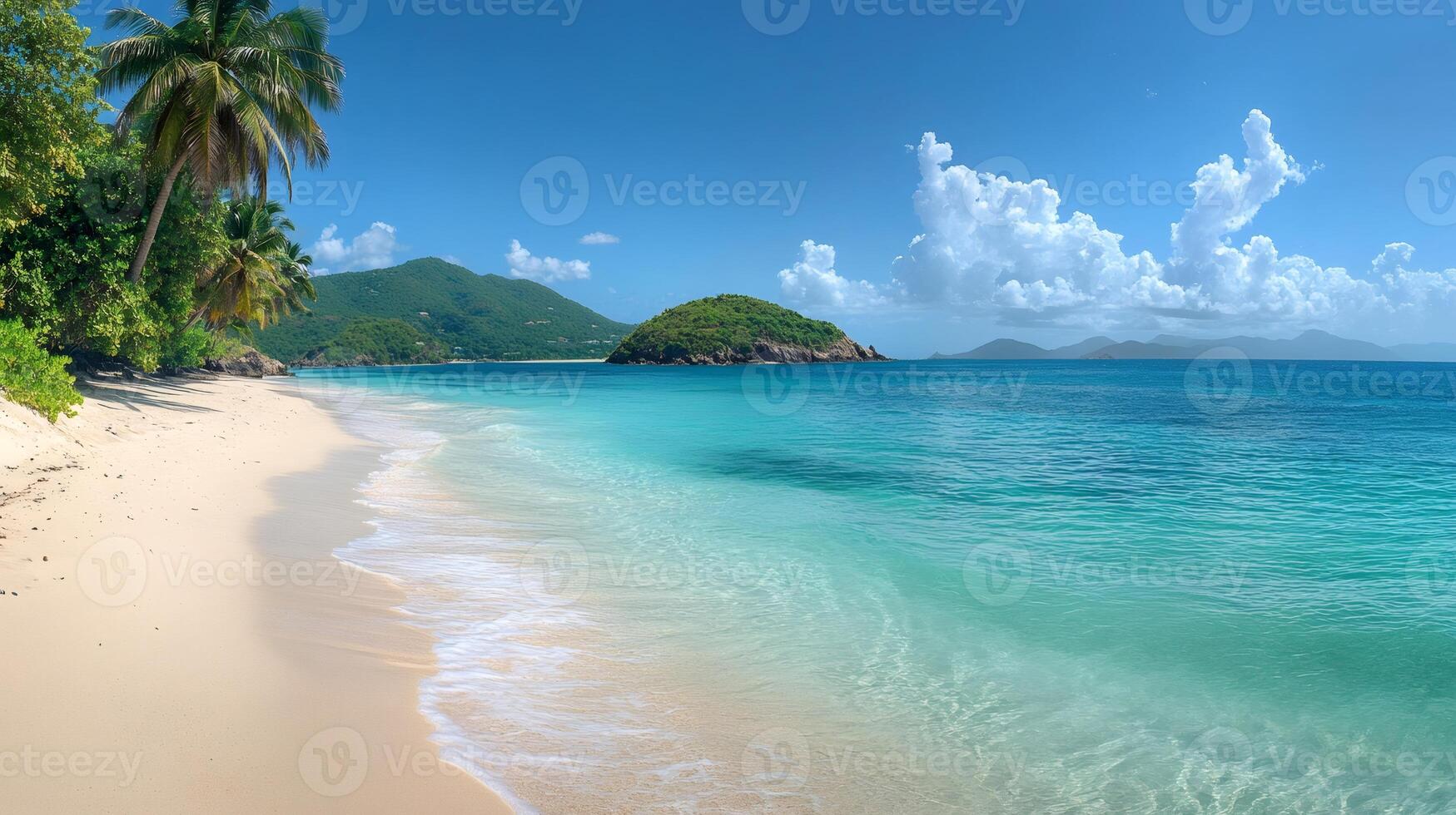 Tropical beach with turquoise water gently lapping the white sand in the caribbean photo