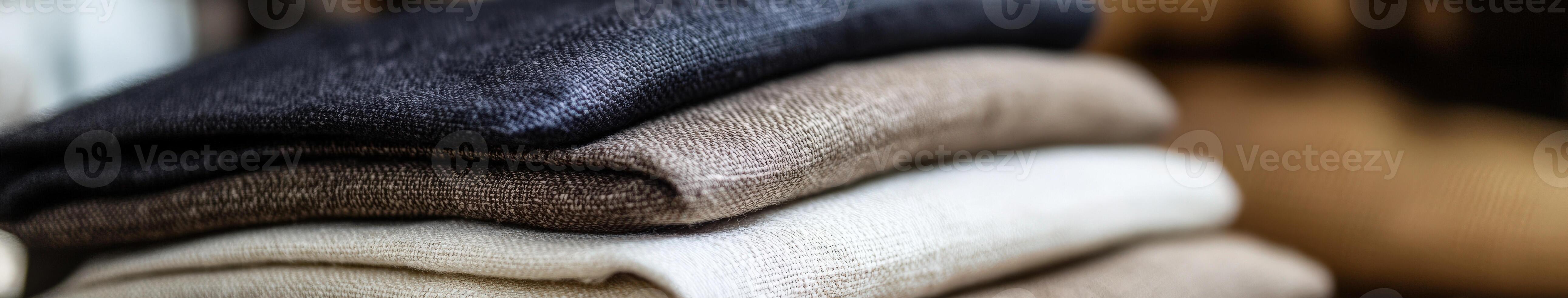 Linen fabric in various colors stacked neatly on display photo