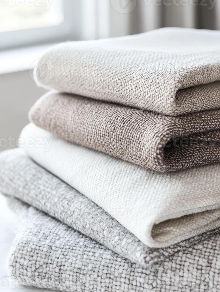 Linen fabric stacked in neutral tones for home decor photo