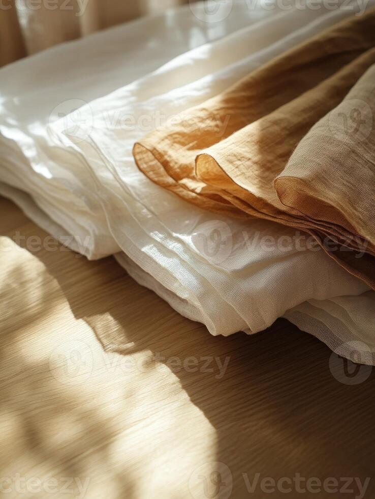 Textures of linen fabric displayed on a wooden table photo