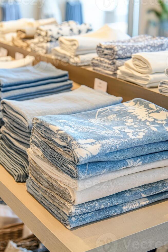 Linen fabric displays in a modern retail space photo