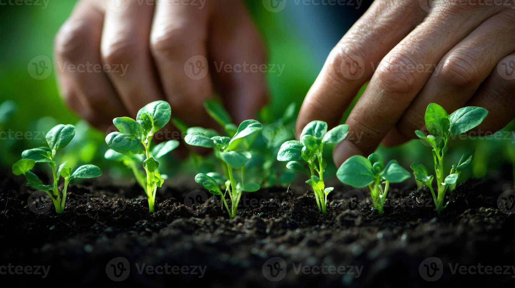 Farmer taking care of seedlings growing in fertile soil.. photo