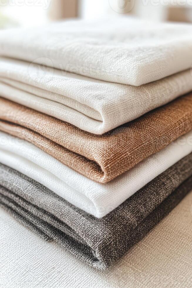 Linen fabric stack in neutral tones for home decor photo