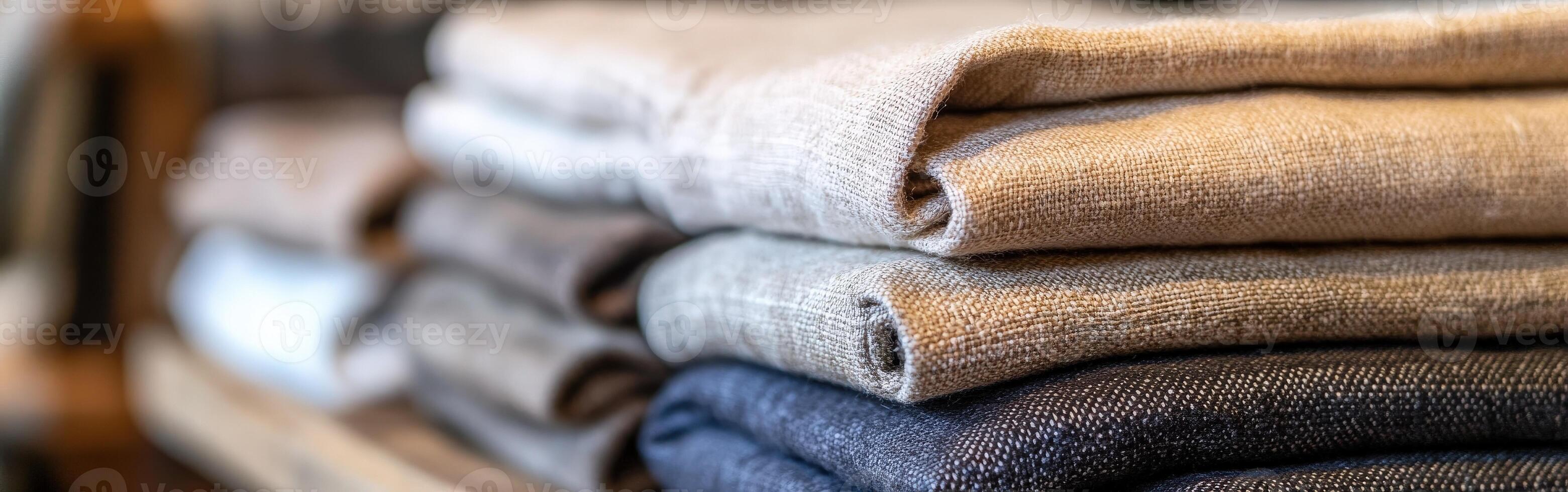 Linen fabric collection displayed in a cozy store setting photo